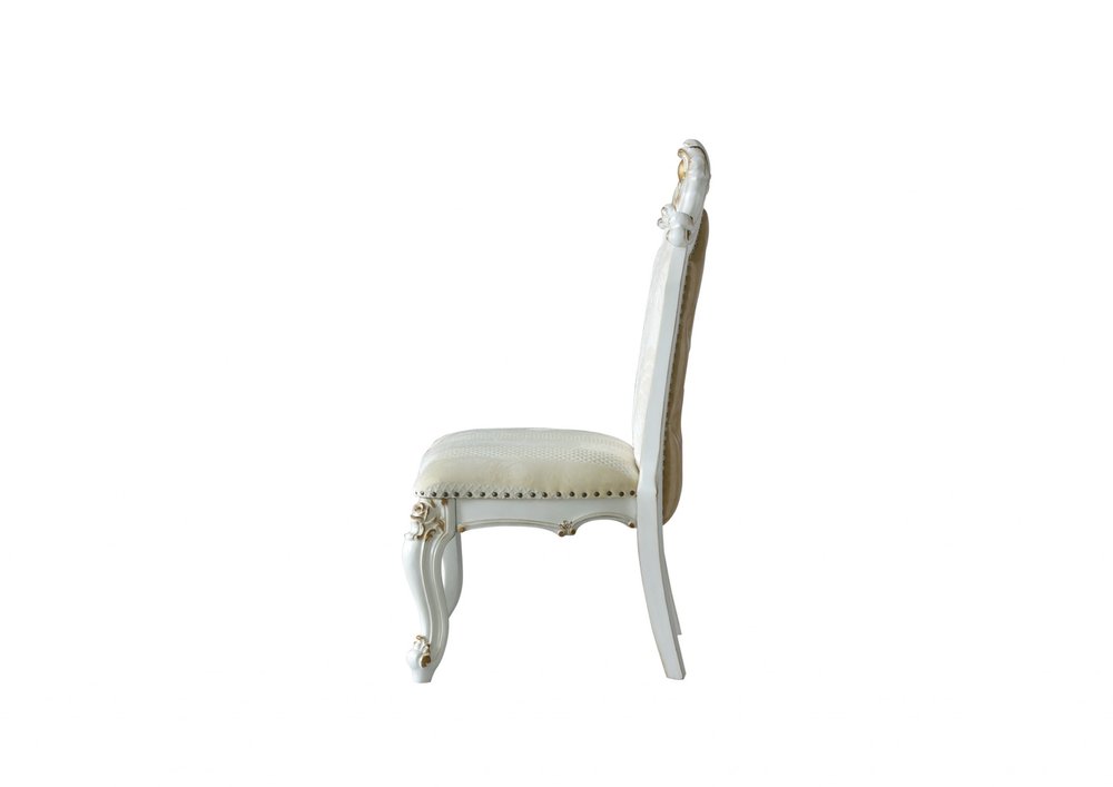 Set of Two 27" Beige and White Faux Leather Damask Side Chair HomeRoots