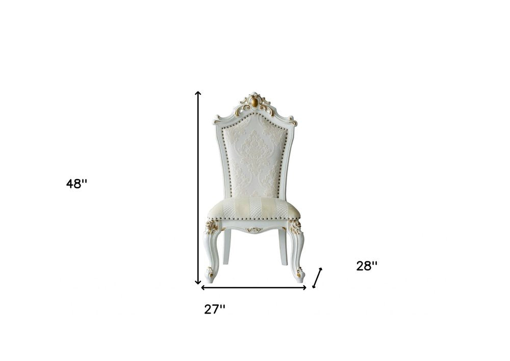 Set of Two 27" Beige and White Faux Leather Damask Side Chair HomeRoots