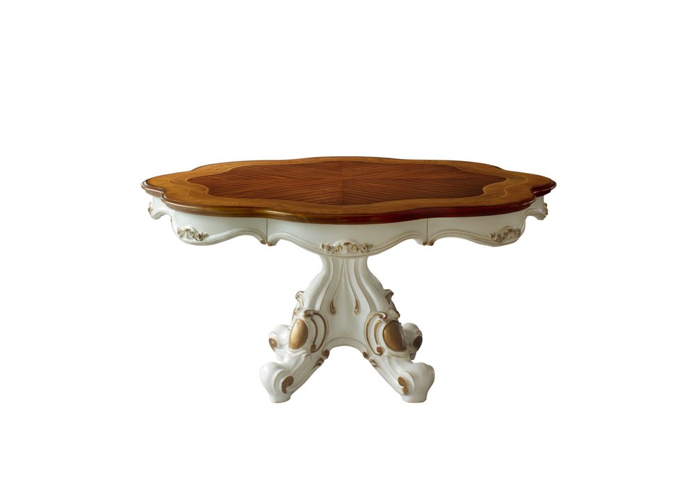 62" Brown And White Oval Solid Wood Pedestal Base Dining Table HomeRoots