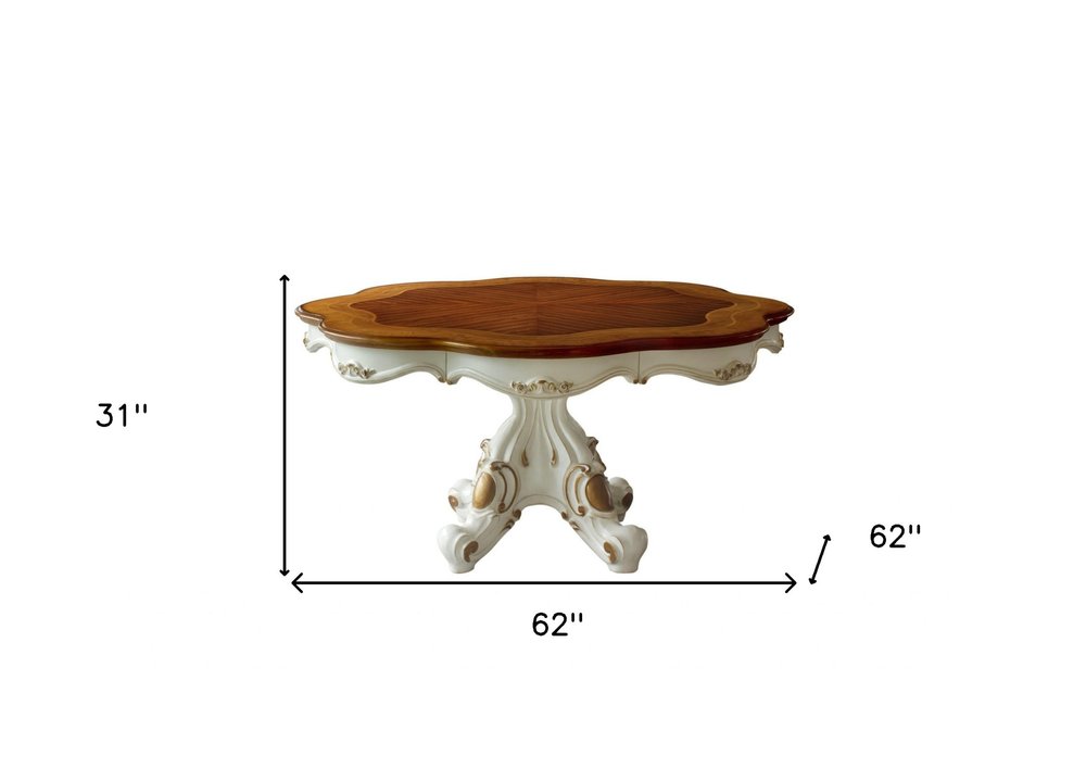 62" Brown And White Oval Solid Wood Pedestal Base Dining Table HomeRoots