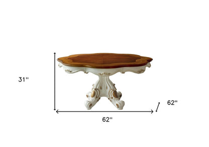 62" Brown And White Oval Solid Wood Pedestal Base Dining Table HomeRoots