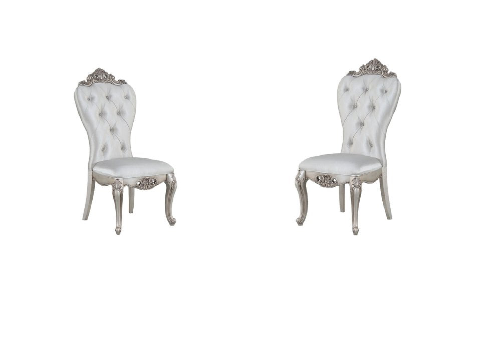Set of Two Cream and Antiqued White Upholstered Fabric Queen Anne Back Dining Side Chairs HomeRoots