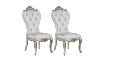 Set of Two Cream And Antiqued White Upholstered Fabric Queen Anne Back Dining Side Chairs