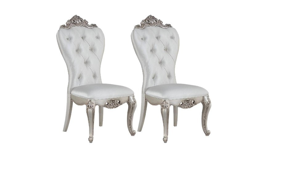 Set of Two Cream and Antiqued White Upholstered Fabric Queen Anne Back Dining Side Chairs HomeRoots