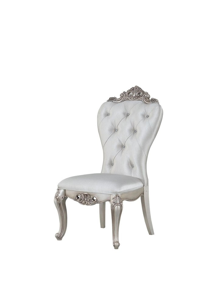 Set of Two Cream and Antiqued White Upholstered Fabric Queen Anne Back Dining Side Chairs HomeRoots