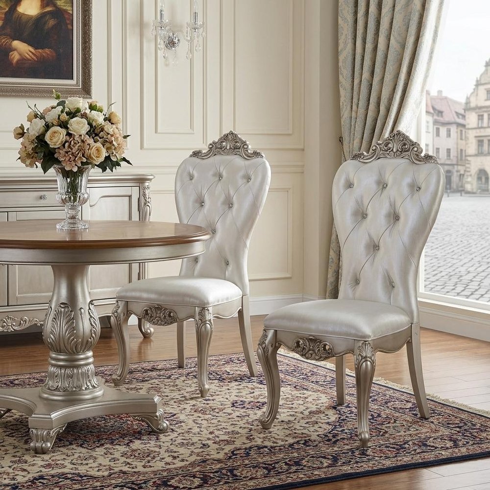 Set of Two Cream and Antiqued White Upholstered Fabric Queen Anne Back Dining Side Chairs HomeRoots