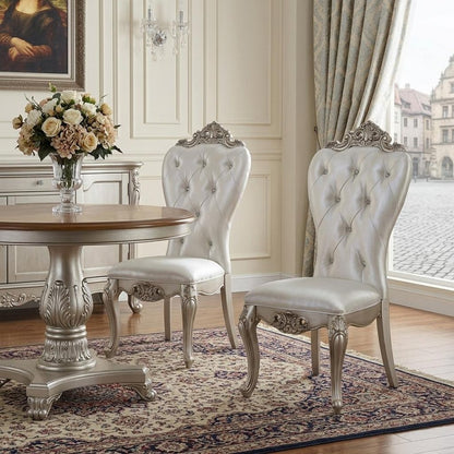 Set of Two Cream and Antiqued White Upholstered Fabric Queen Anne Back Dining Side Chairs HomeRoots