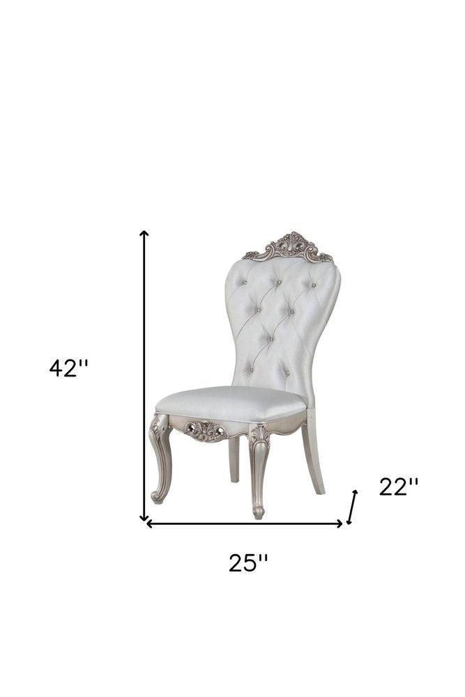Set of Two Cream and Antiqued White Upholstered Fabric Queen Anne Back Dining Side Chairs HomeRoots