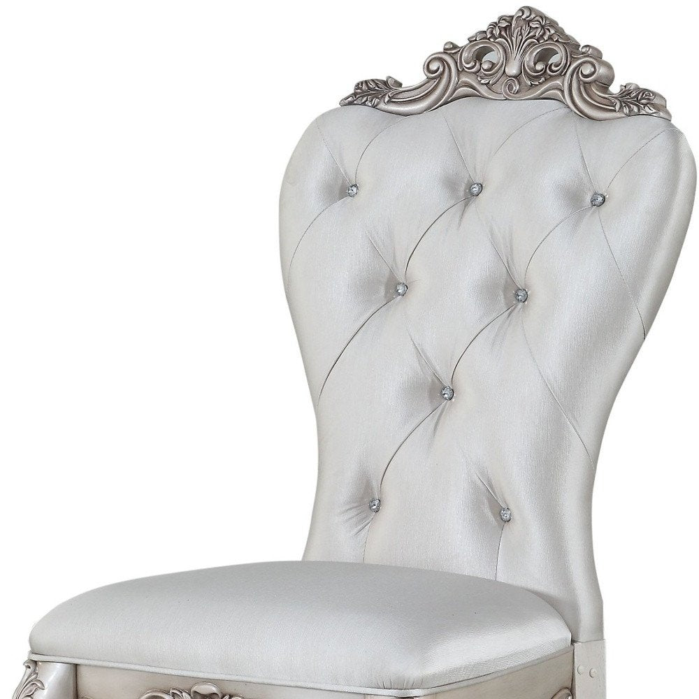 Set of Two Cream and Antiqued White Upholstered Fabric Queen Anne Back Dining Side Chairs HomeRoots