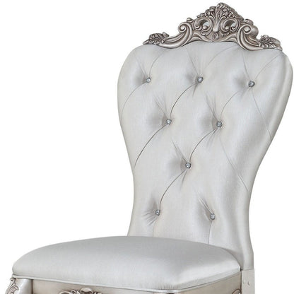 Set of Two Cream and Antiqued White Upholstered Fabric Queen Anne Back Dining Side Chairs HomeRoots