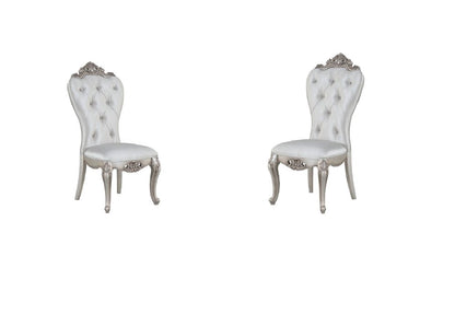 Set of Two Cream and Antiqued White Upholstered Fabric Queen Anne Back Dining Side Chairs HomeRoots