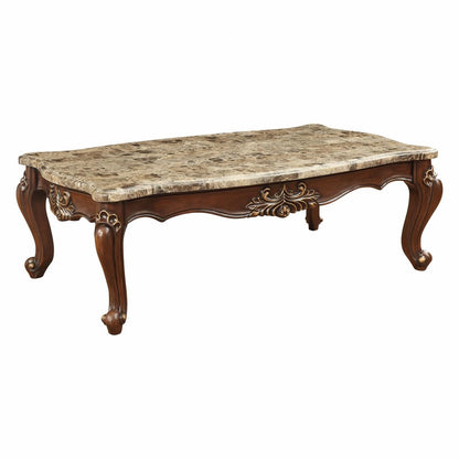 34" Brown and Dark Brown Faux Marble And Solid Wood Free Form Coffee Table HomeRoots