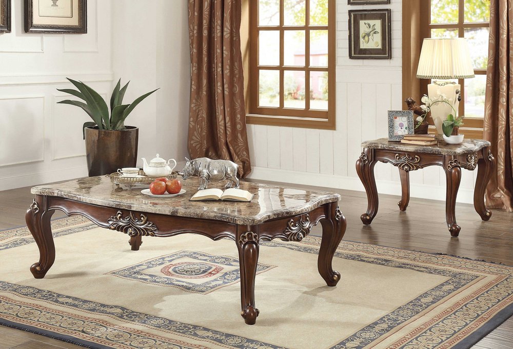34" Brown and Dark Brown Faux Marble And Solid Wood Free Form Coffee Table HomeRoots