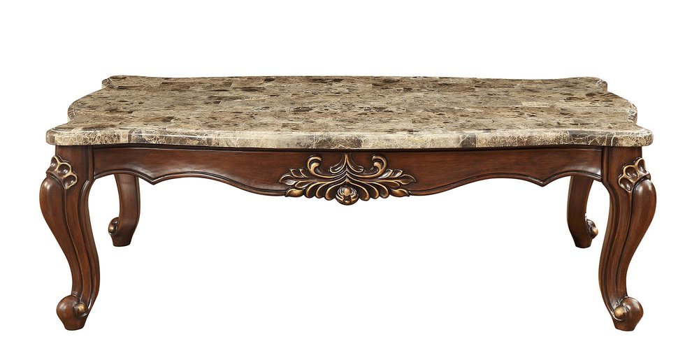 34" Brown and Dark Brown Faux Marble And Solid Wood Free Form Coffee Table HomeRoots