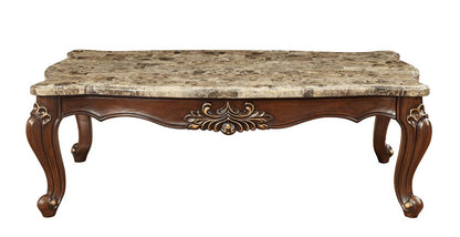 34" Brown and Dark Brown Faux Marble And Solid Wood Free Form Coffee Table HomeRoots