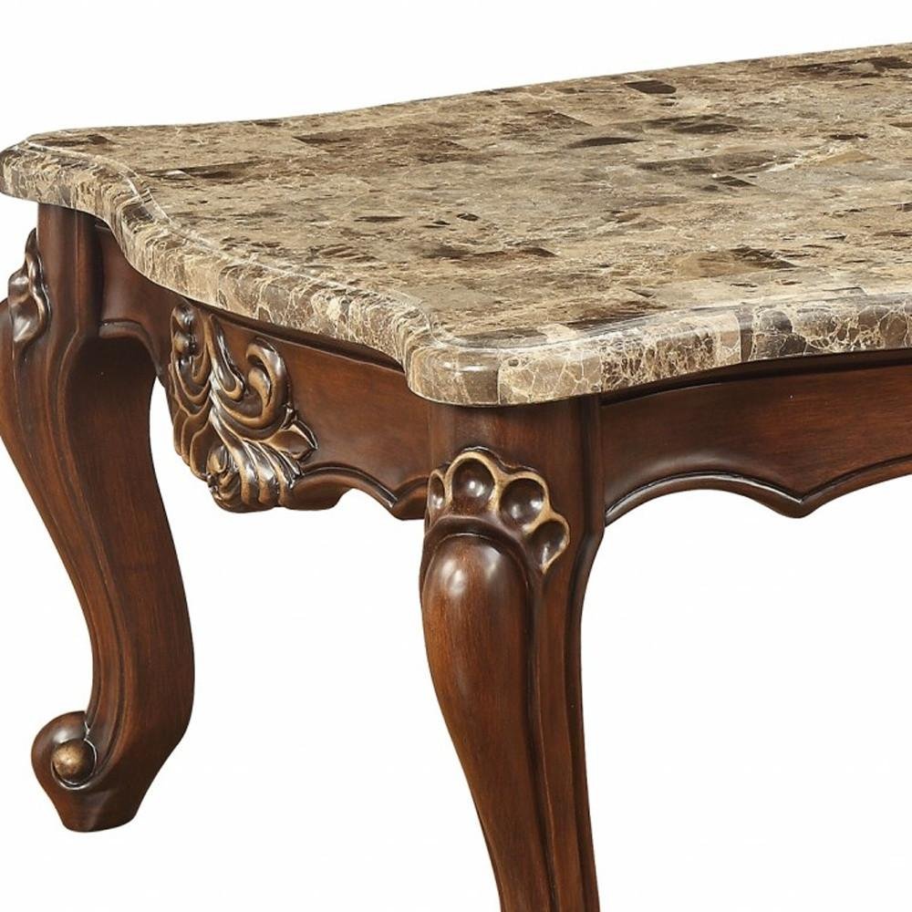 34" Brown and Dark Brown Faux Marble And Solid Wood Free Form Coffee Table HomeRoots