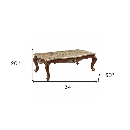 34" Brown and Dark Brown Faux Marble And Solid Wood Free Form Coffee Table HomeRoots
