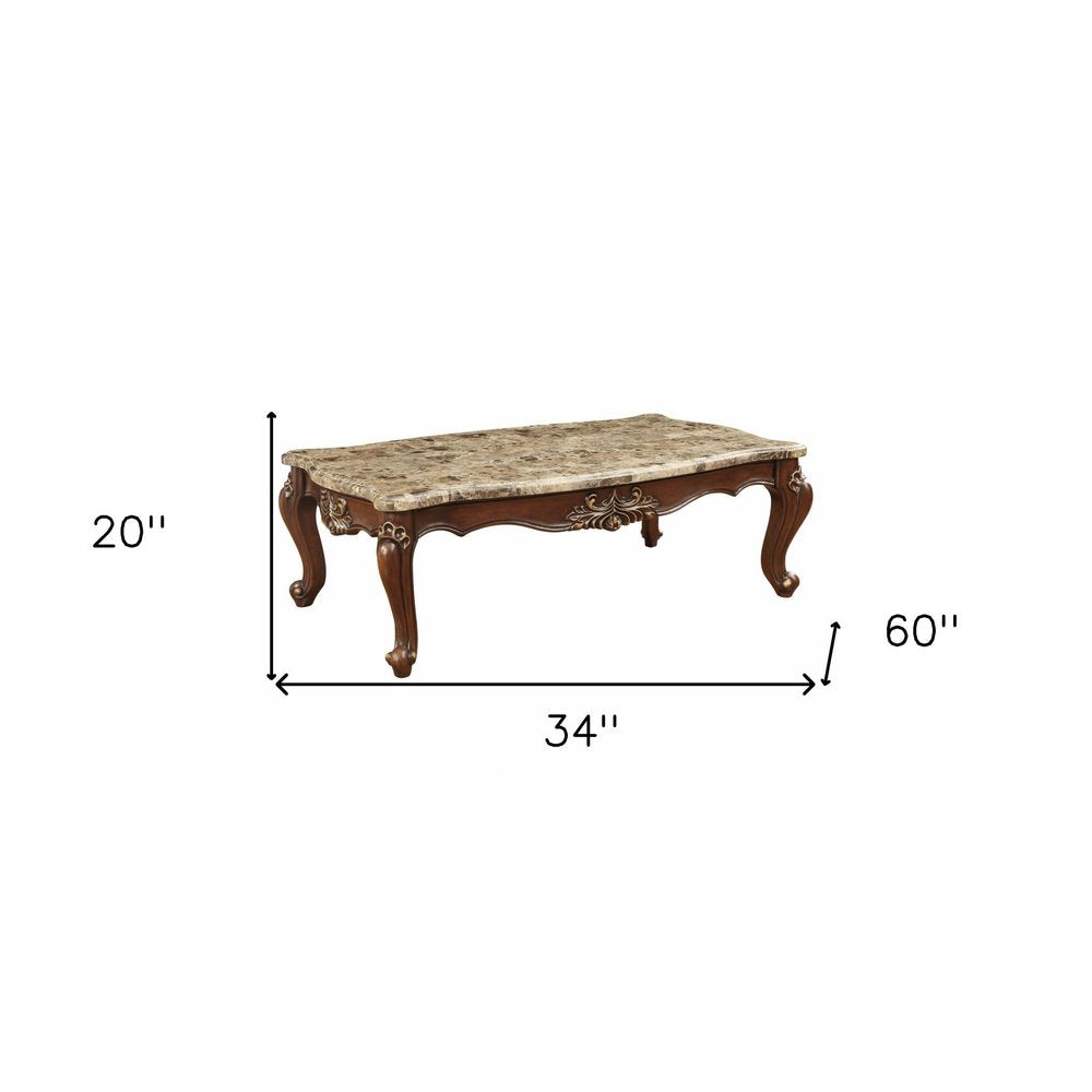 34" Brown and Dark Brown Faux Marble And Solid Wood Free Form Coffee Table HomeRoots