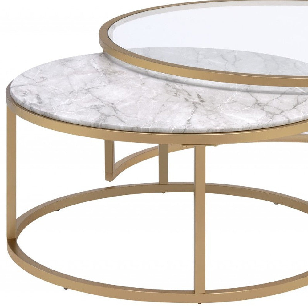 36" Clear And Gold Glass And Iron Round Nested Coffee Tables