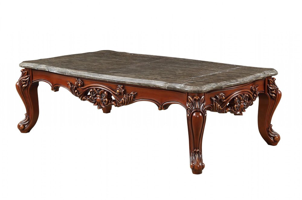 36" Gray and Brown Genuine Marble And Solid Wood Coffee Table HomeRoots