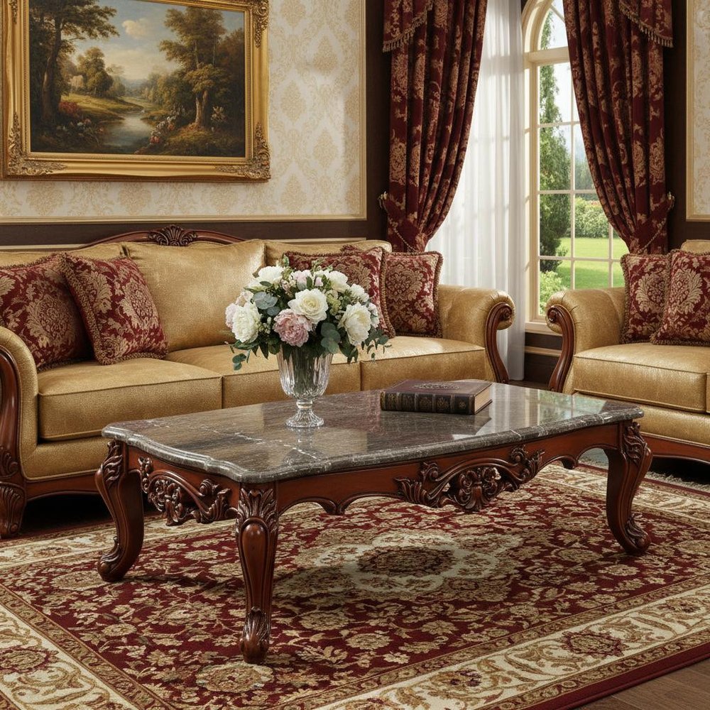 36" Gray and Brown Genuine Marble And Solid Wood Coffee Table HomeRoots