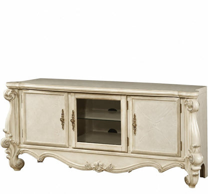 74" Off White Carved Scrollwork Glass And Solid and Manufactured Wood Enclosed and Open Storage Entertainment Center