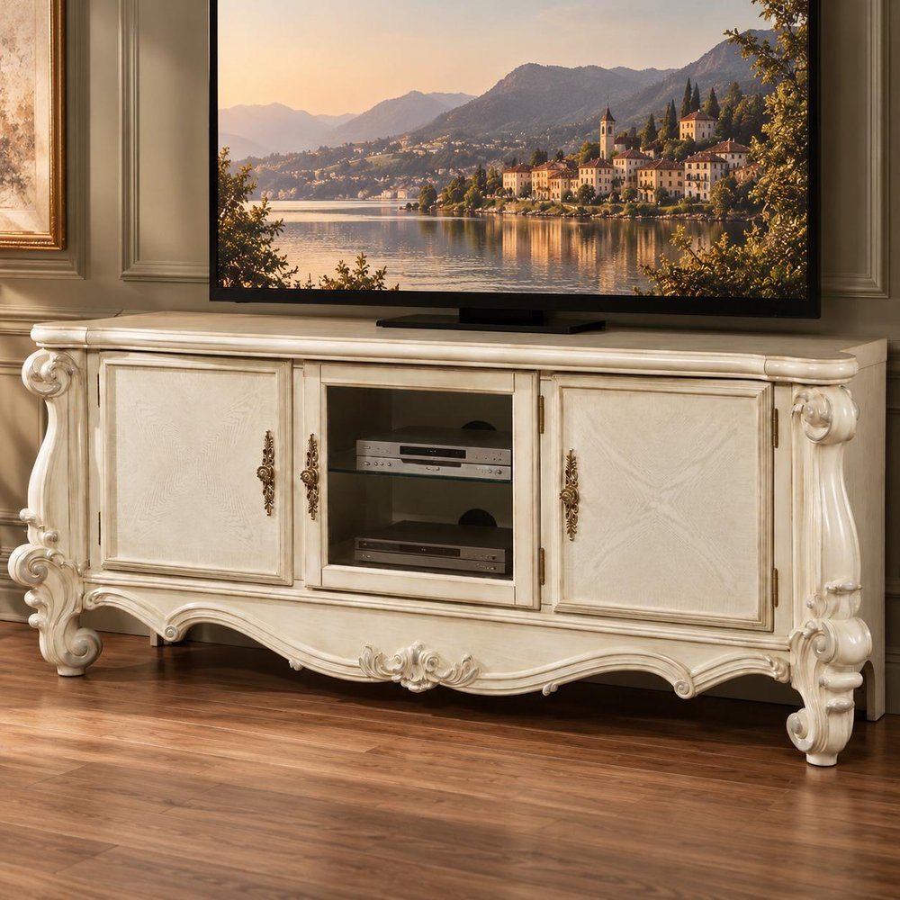 74" Off White Carved Scrollwork Glass And Solid and Manufactured Wood Enclosed and Open Storage Entertainment Center