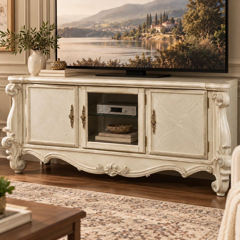 74" Off White Carved Scrollwork Glass And Solid and Manufactured Wood Enclosed and Open Storage Entertainment Center — view 6