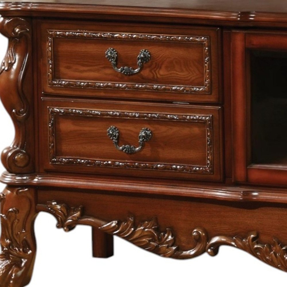 79" Brown Wood And Glass Carved Scrollwork Entertainment Center HomeRoots