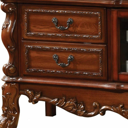 79" Brown Wood And Glass Carved Scrollwork Entertainment Center HomeRoots