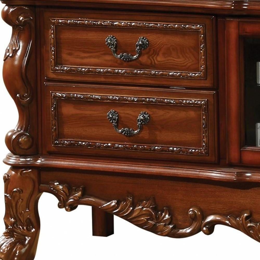 74" Off White Carved Scrollwork Glass And Solid and Manufactured Wood Enclosed and Open Storage Entertainment Center HomeRoots