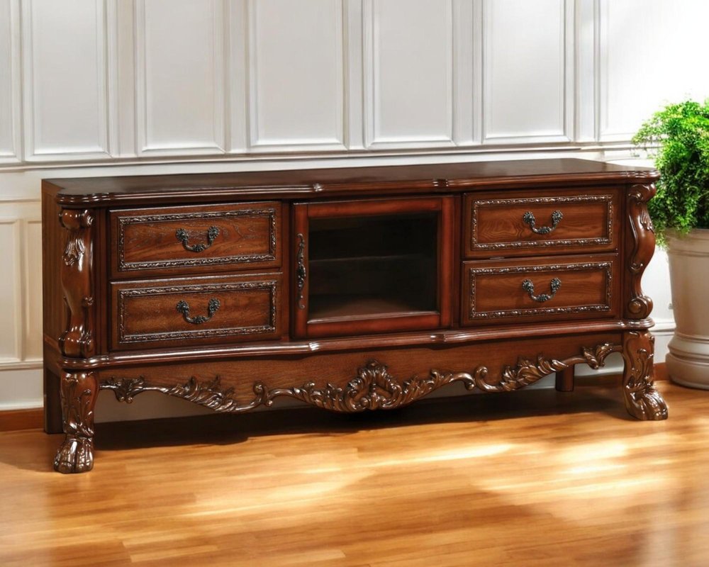 74" Off White Carved Scrollwork Glass And Solid and Manufactured Wood Enclosed and Open Storage Entertainment Center HomeRoots