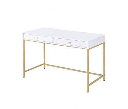 47" White and Gold Computer Desk With Two Drawers HomeRoots