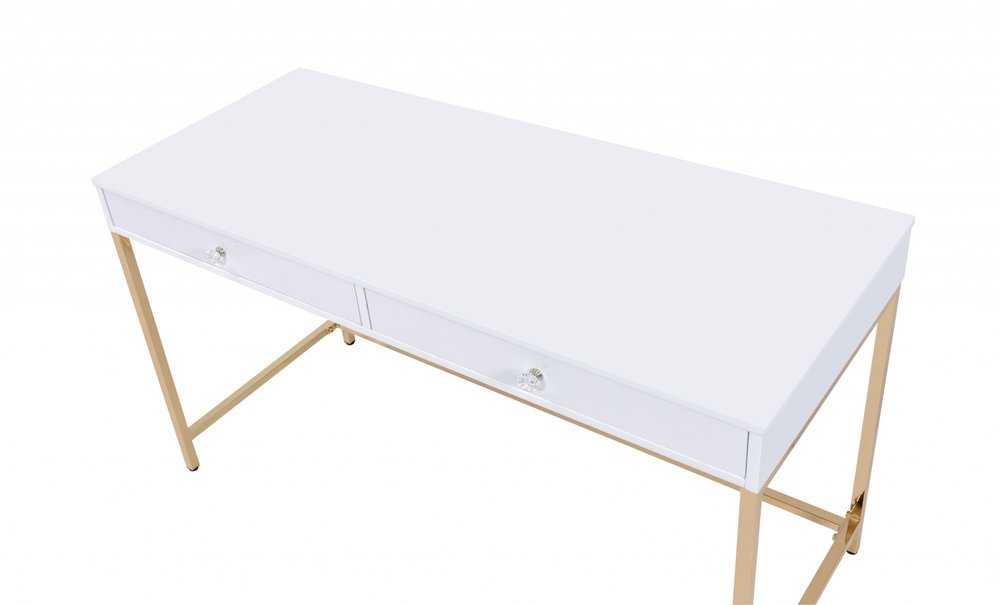 47" White and Gold Computer Desk With Two Drawers HomeRoots