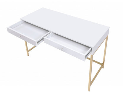 47" White and Gold Computer Desk With Two Drawers HomeRoots