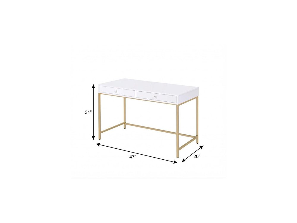 47" White and Gold Computer Desk With Two Drawers HomeRoots