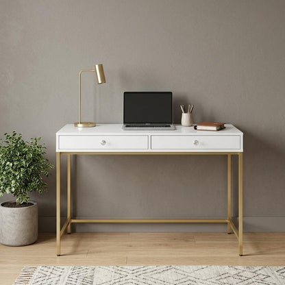 47" White and Gold Computer Desk With Two Drawers HomeRoots