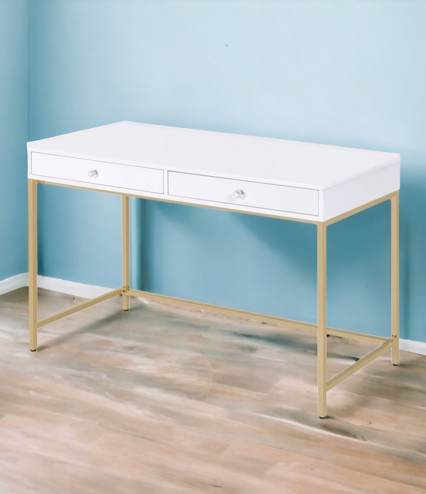 47" White and Gold Computer Desk With Two Drawers HomeRoots