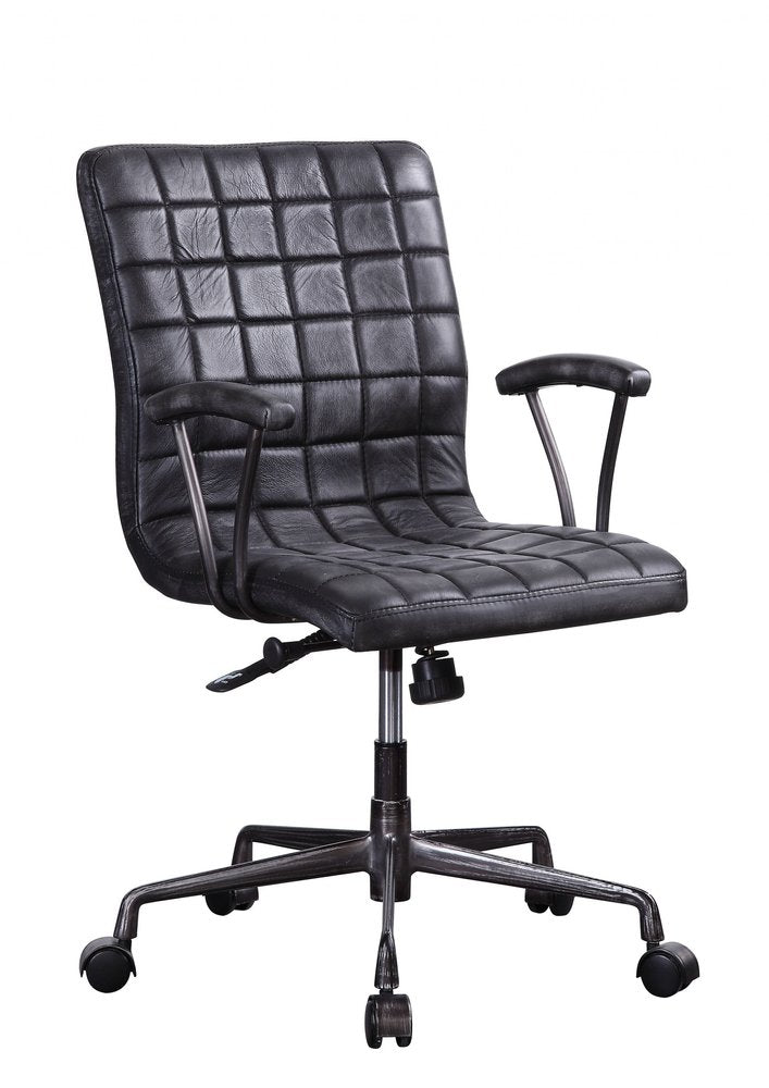 24" X 25" X 36" Vintage Black Top Grain Leather Aluminum Metal Upholstered (Seat) Casters Engineered Wood Executive Office Chair HomeRoots