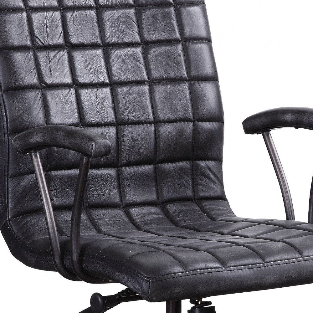 24" X 25" X 36" Vintage Black Top Grain Leather Aluminum Metal Upholstered (Seat) Casters Engineered Wood Executive Office Chair HomeRoots