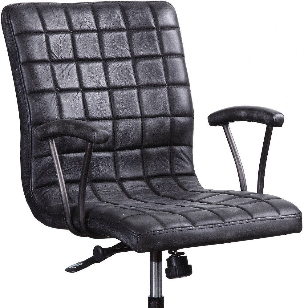 24" X 25" X 36" Vintage Black Top Grain Leather Aluminum Metal Upholstered (Seat) Casters Engineered Wood Executive Office Chair HomeRoots