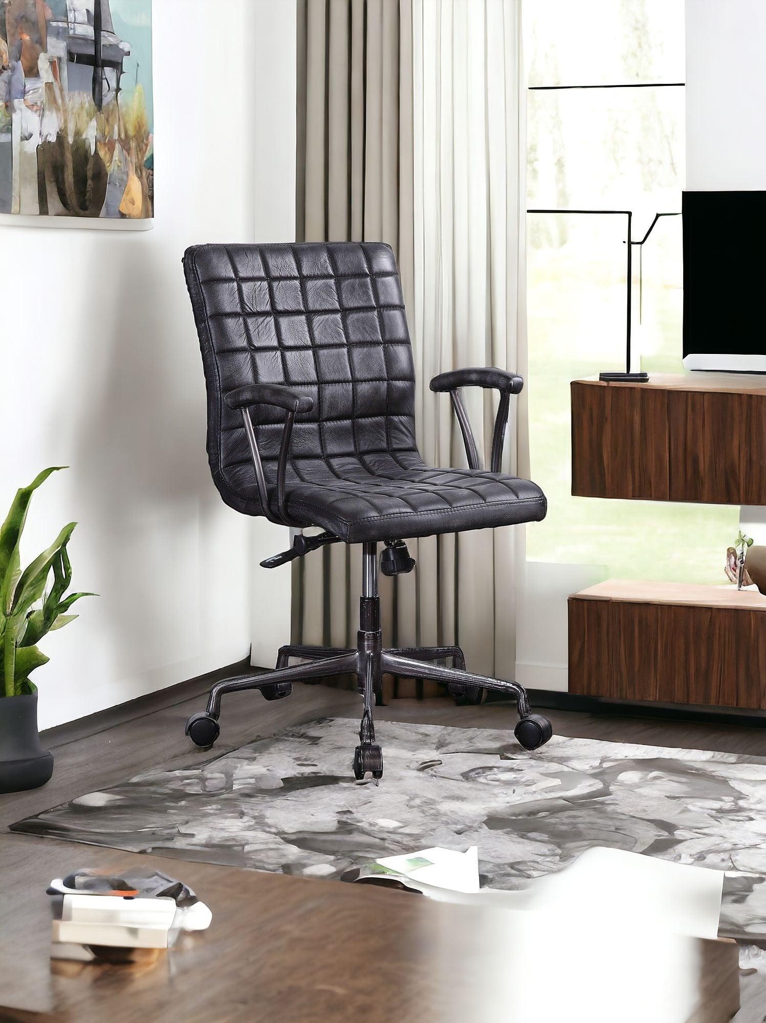 24" X 25" X 36" Vintage Black Top Grain Leather Aluminum Metal Upholstered (Seat) Casters Engineered Wood Executive Office Chair - FurniFindUSA