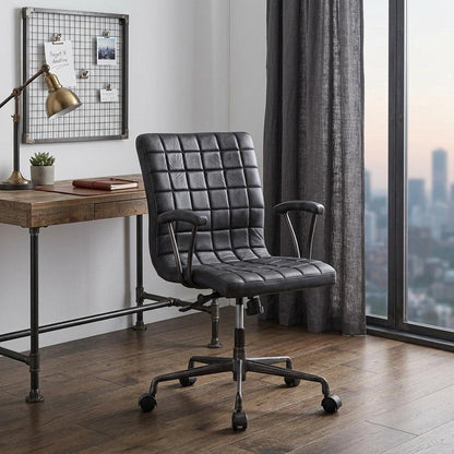 24" X 25" X 36" Vintage Black Top Grain Leather Aluminum Metal Upholstered (Seat) Casters Engineered Wood Executive Office Chair HomeRoots
