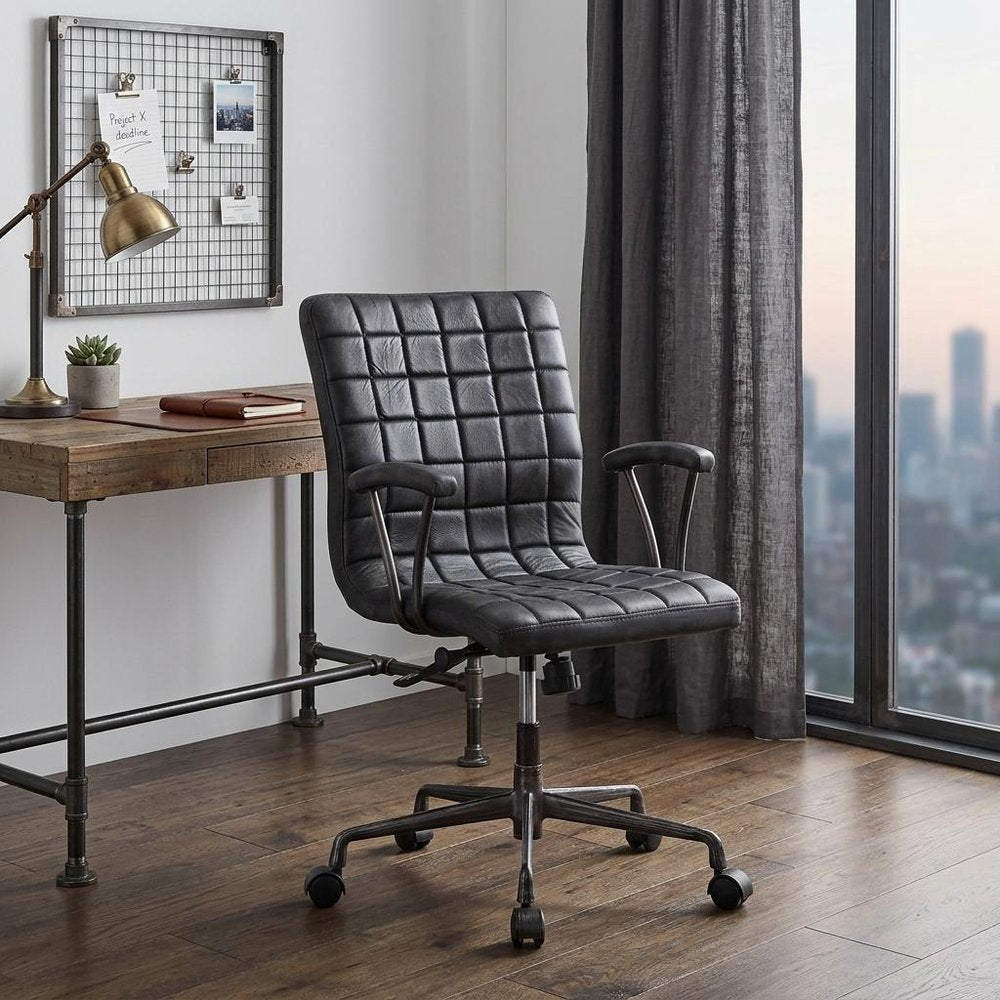 24" X 25" X 36" Vintage Black Top Grain Leather Aluminum Metal Upholstered (Seat) Casters Engineered Wood Executive Office Chair HomeRoots