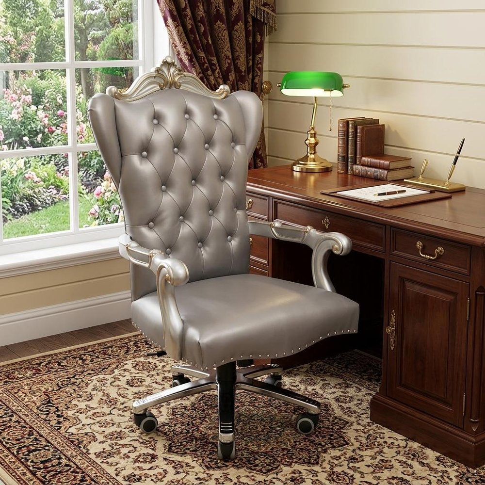 Gray Faux Leather Tufted Seat Swivel Adjustable Executive Chair Leather Back HomeRoots