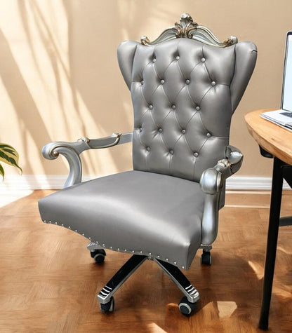 Gray Faux Leather Tufted Seat Swivel Adjustable Executive Chair Leather Back HomeRoots
