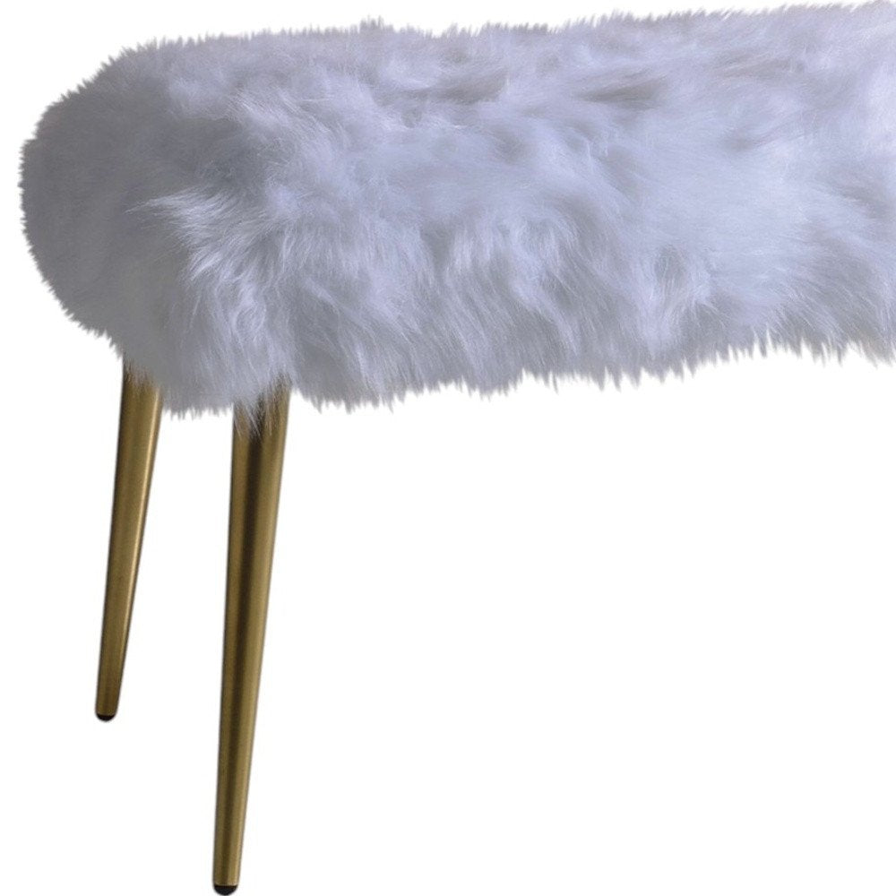 18" White and Gold Upholstered Faux Fur Bench HomeRoots