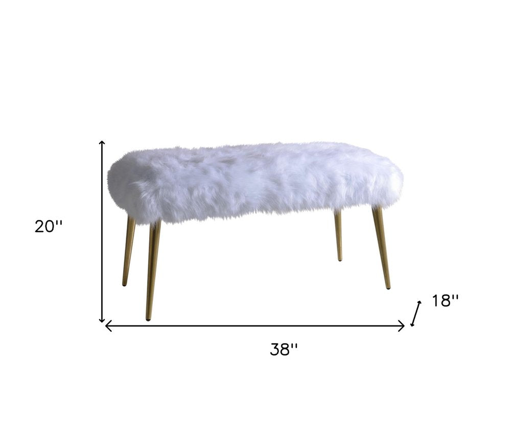 18" White and Gold Upholstered Faux Fur Bench HomeRoots