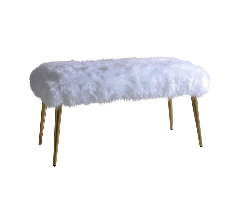 18" White and Gold Upholstered Faux Fur Bench HomeRoots