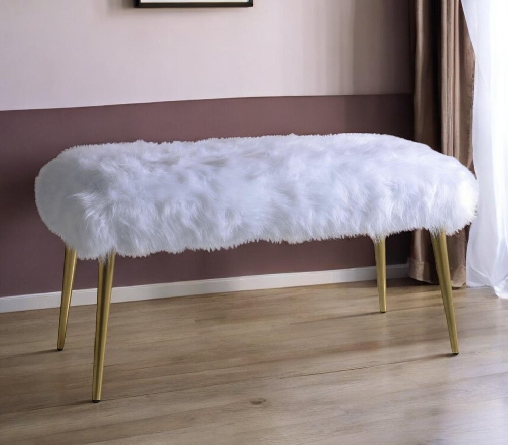 18" White and Gold Upholstered Faux Fur Bench HomeRoots